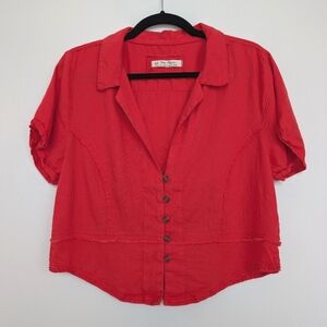 We The Free Linen Blend Western Flowy Cropped Button-Up Short Sleeve Blouse Sz L